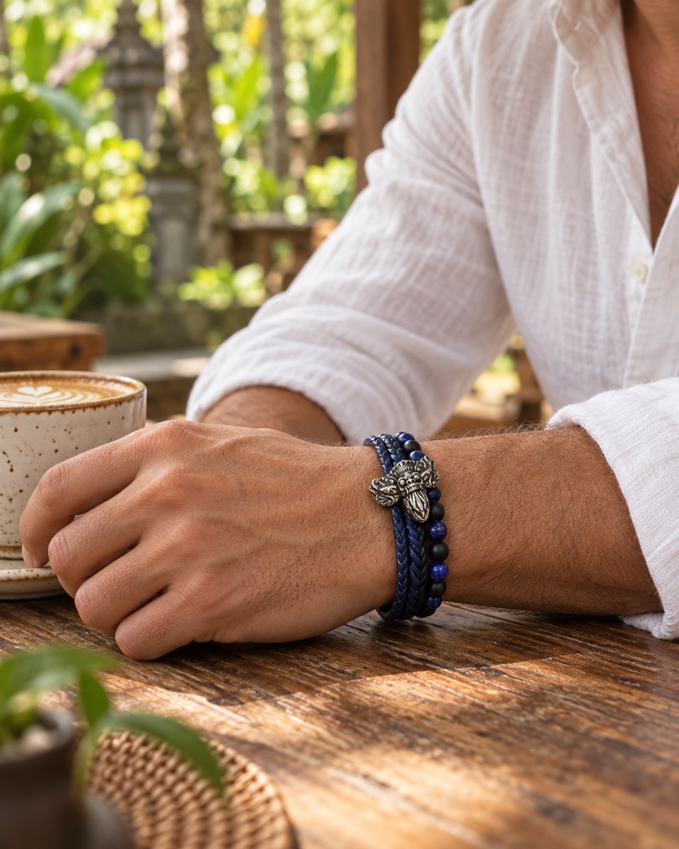 A silver figure bracelet worn during a quiet café moment in Bali