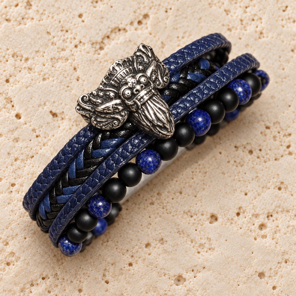 Barong silver bracelet on a light stone background