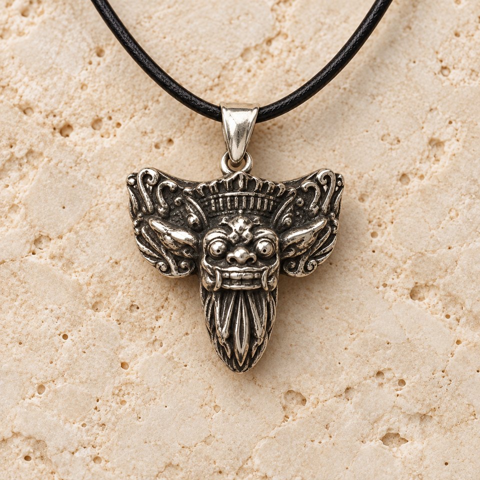 Close-up of the Barong pendant on a light stone background
