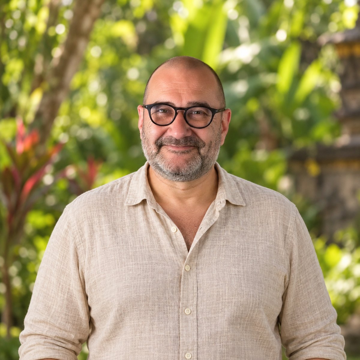 JP in a beige linen shirt, founder and designer