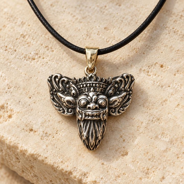 Close-up of the Barong pendant on a light stone background